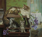 Коты и ирисы. 2024; х.,м.; 35 на 40 см