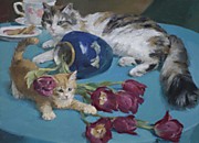 Коты и тюльпаны. 2022; х.,м.; 30 на 40 см